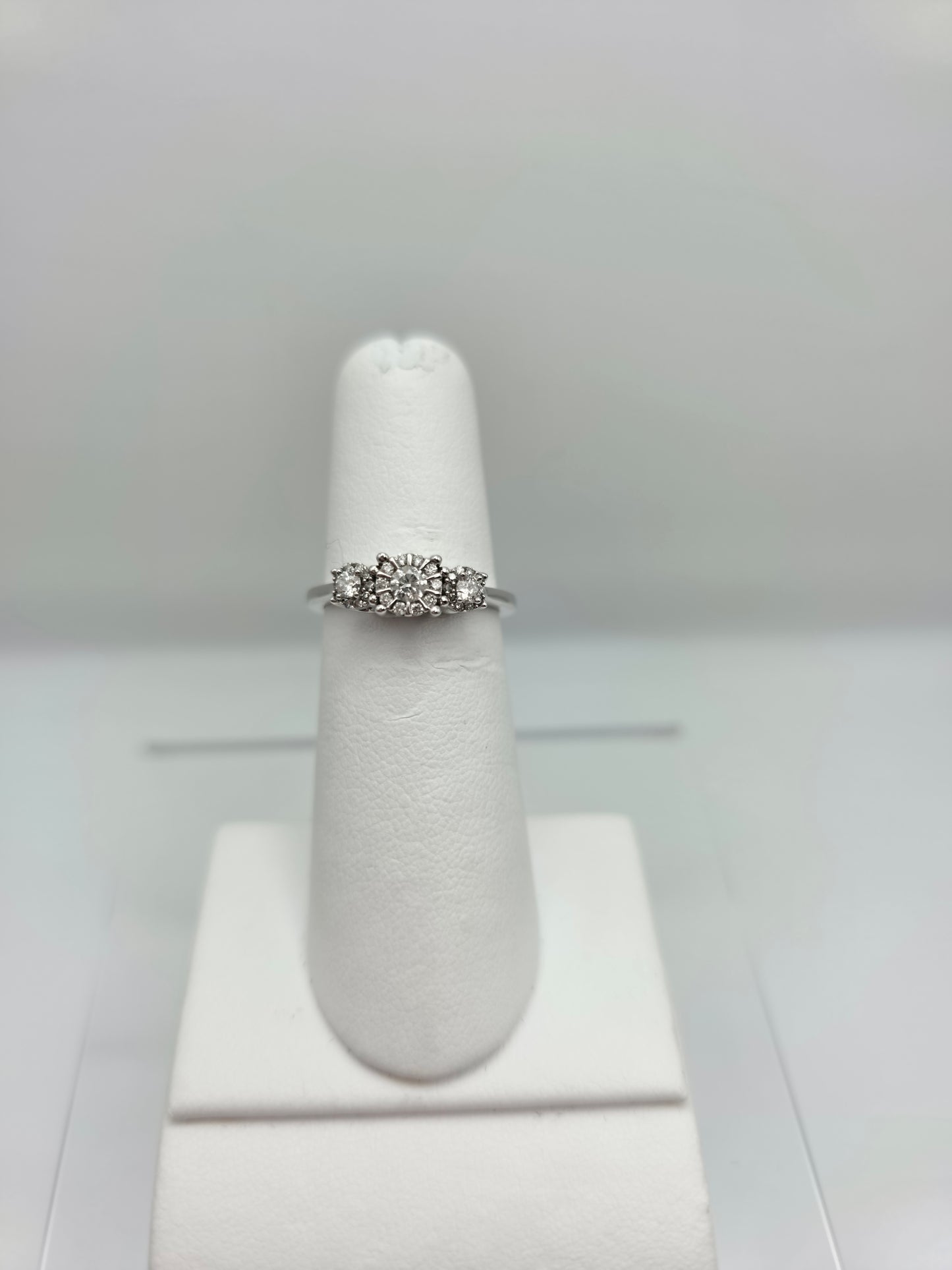 14K White Gold Trinity Ring with Illusion Halo Centres