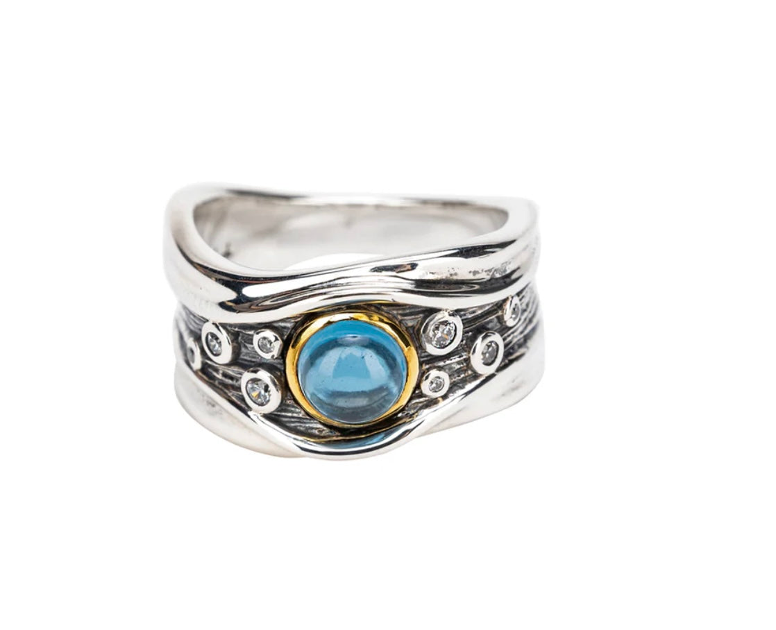 SILVER AND 10K GOLD ROCKS 'N RIVERS RING - LONDON BLUE TOPAZ AND CUBIC ZIRCONIA